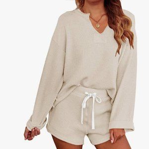 Women's Long Sleeve Pajama Set | Top and Shorts | Beige